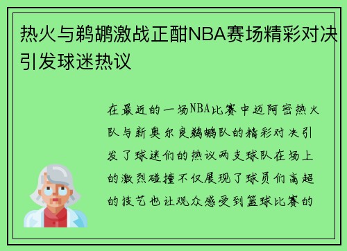 热火与鹈鹕激战正酣NBA赛场精彩对决引发球迷热议